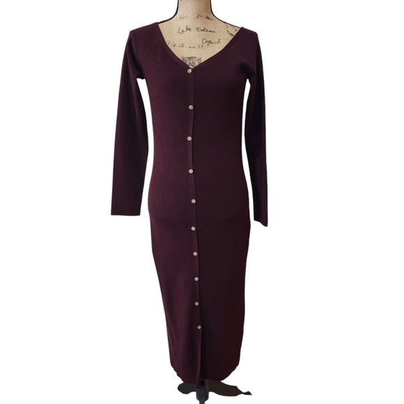 NWT REISS Off-shoulder Rib Knitted Midi Long Sleeve V-neck Burgundy Dress - L - Picture 6 of 12
